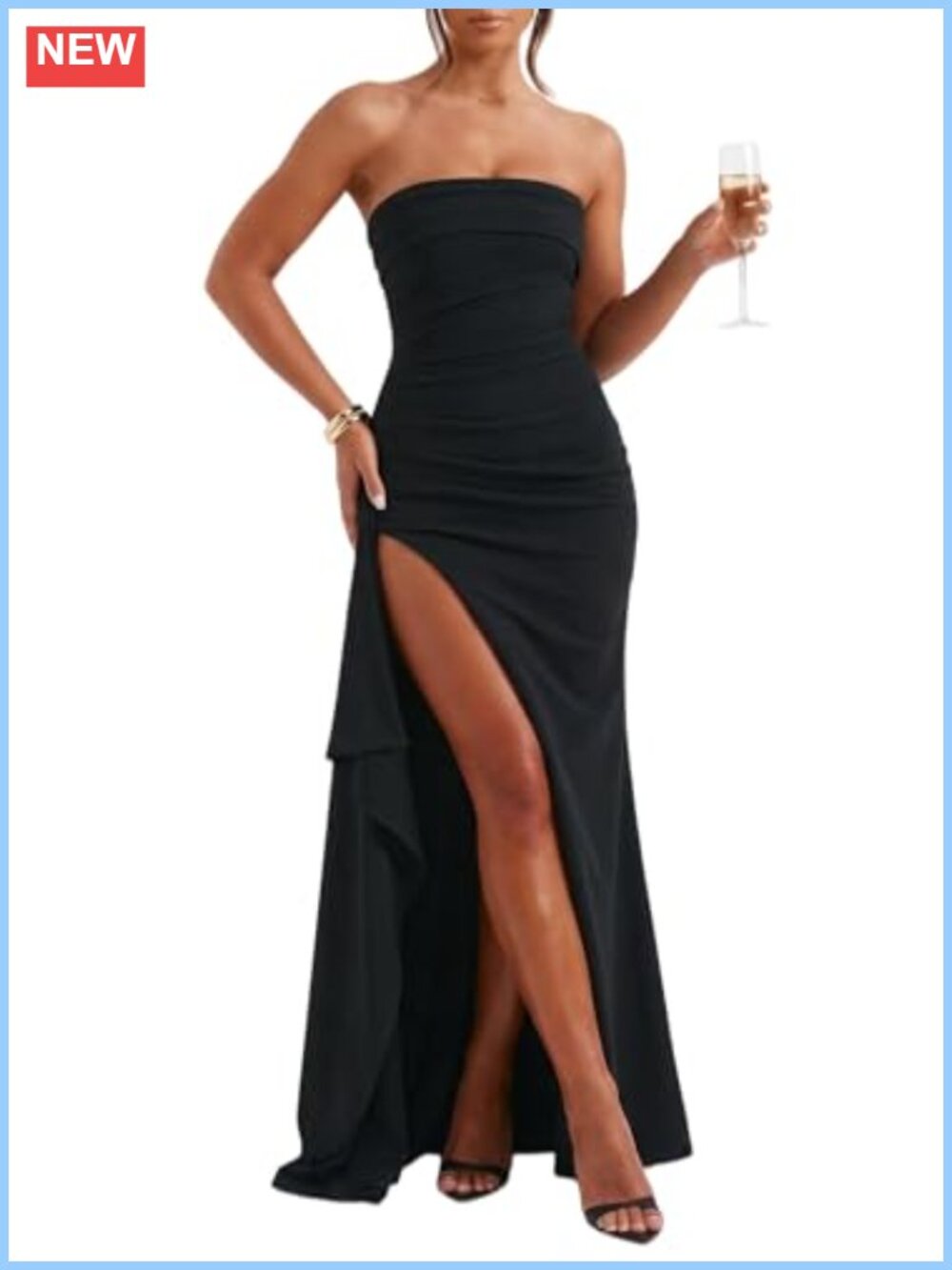 Maxi Dress Strapless High Slit Ruched Asymmetrical Hem Formal Evening Gown
